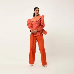 3D SLEEVED FLORAL CUTWORK JACKET WITH PRINTED PARALLEL PANTS