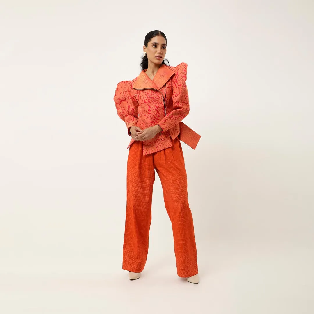 3D SLEEVED FLORAL CUTWORK JACKET WITH PRINTED PARALLEL PANTS