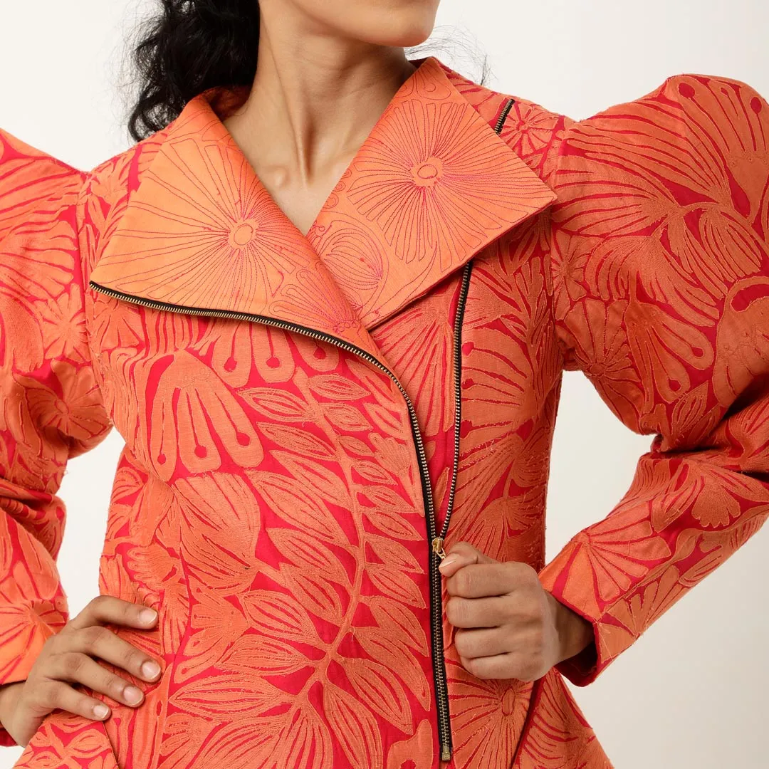 3D SLEEVED FLORAL CUTWORK JACKET WITH PRINTED PARALLEL PANTS