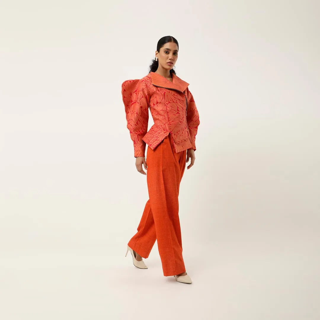 3D SLEEVED FLORAL CUTWORK JACKET WITH PRINTED PARALLEL PANTS