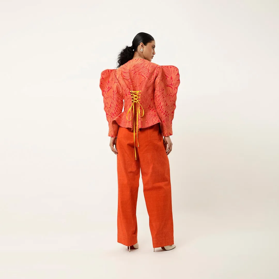 3D SLEEVED FLORAL CUTWORK JACKET WITH PRINTED PARALLEL PANTS