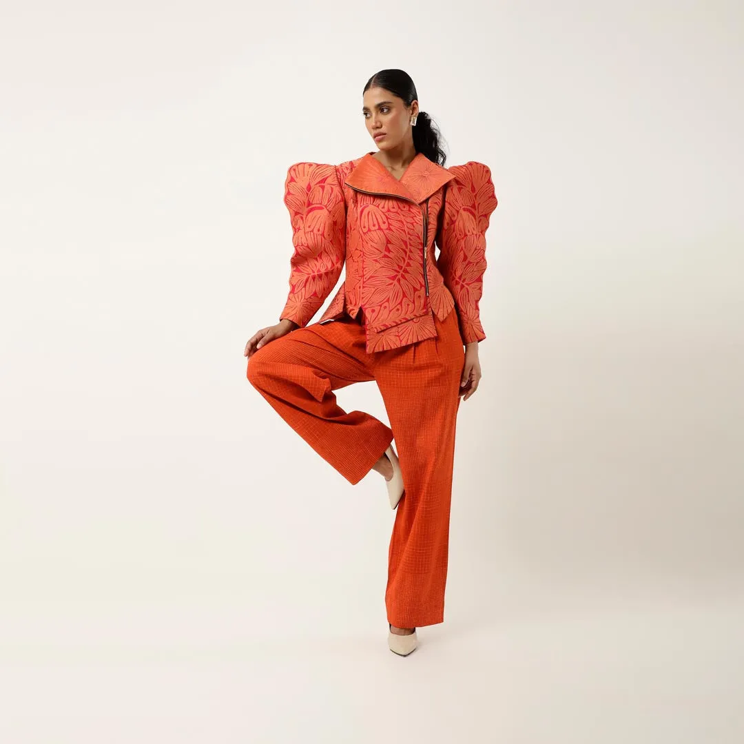 3D SLEEVED FLORAL CUTWORK JACKET WITH PRINTED PARALLEL PANTS