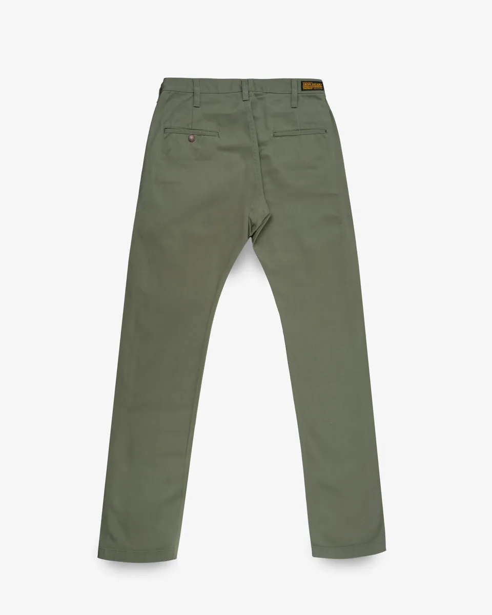 9oz Mercerised Selvedge Cotton Relaxed Tapered Cut Chinos - Olive