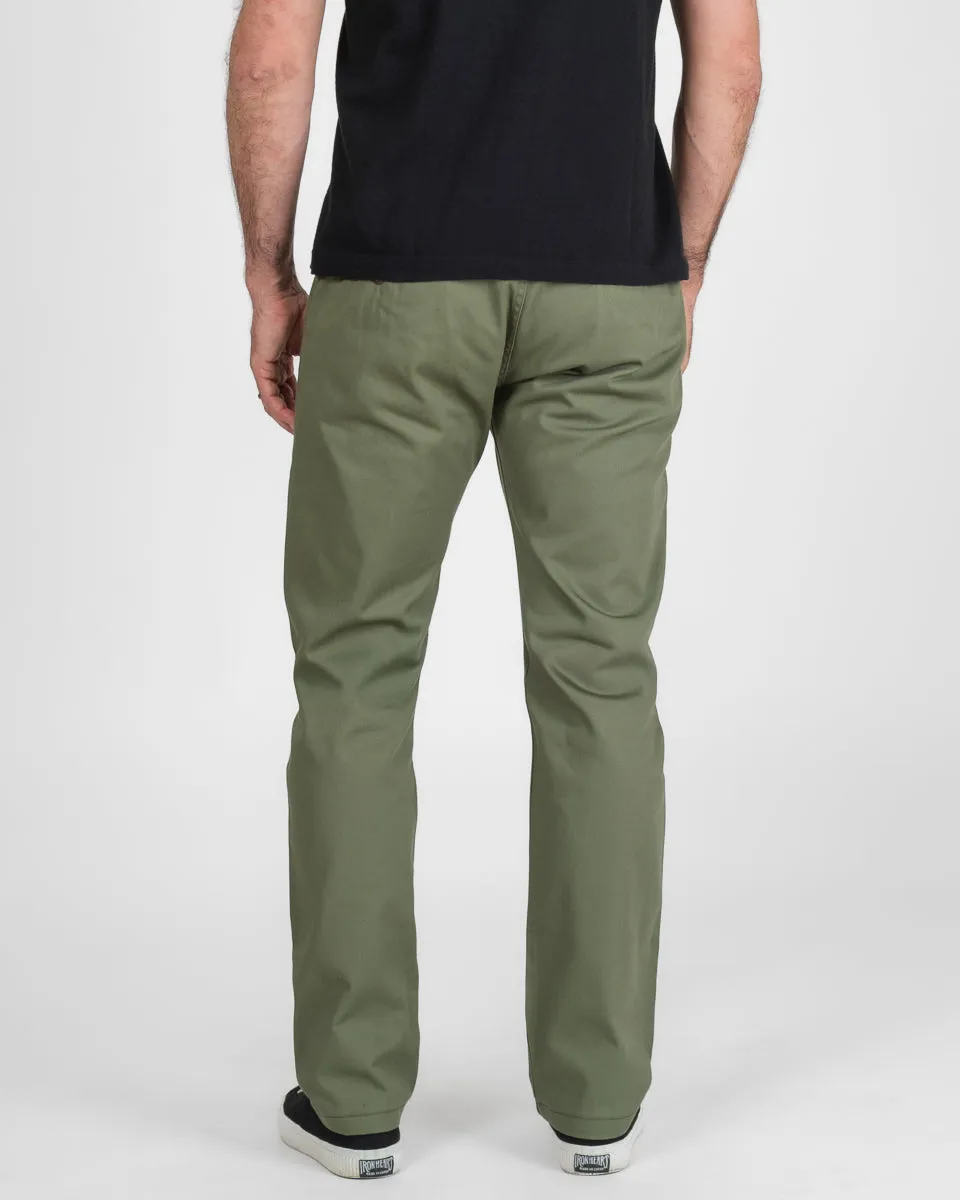 9oz Mercerised Selvedge Cotton Relaxed Tapered Cut Chinos - Olive