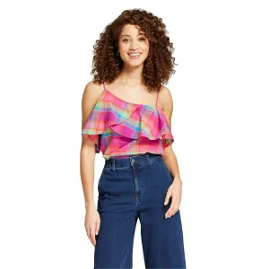 A New Day Women's Plaid Asymmetrical Ruffle Swing Cami Blouse Shirt Tank Top