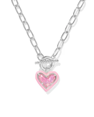 Ari Heart Enamel Frame Chain Necklace in Silver Pink Iridescent Glitter