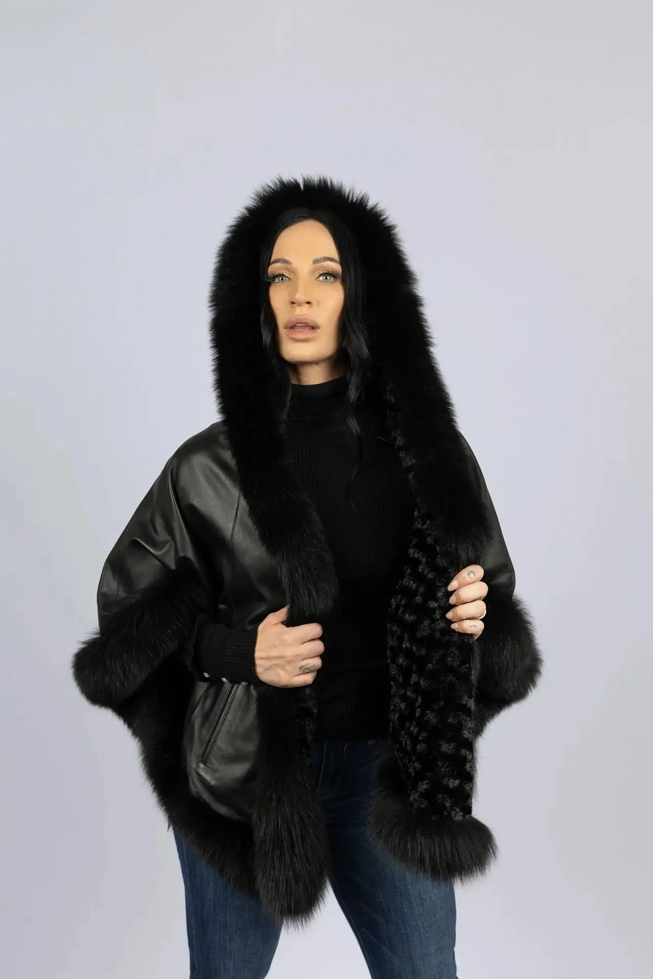 Black Leather Reversible Poncho with Fox Trimmed Hood