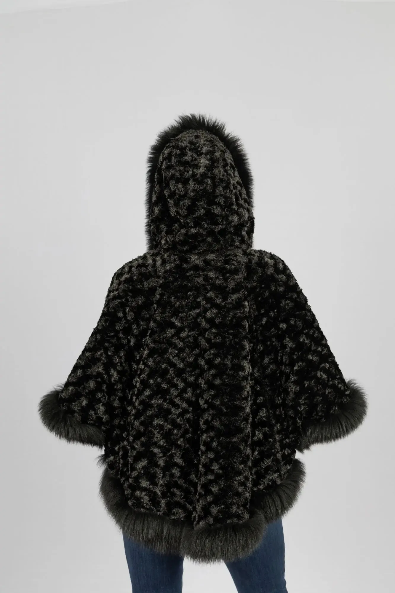 Black Leather Reversible Poncho with Fox Trimmed Hood