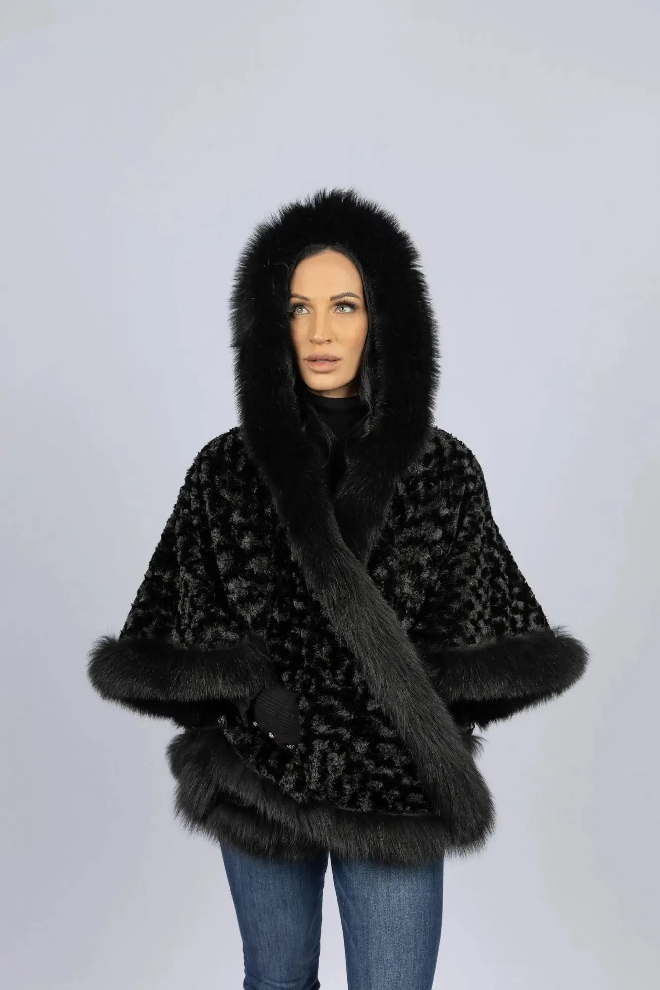 Black Leather Reversible Poncho with Fox Trimmed Hood