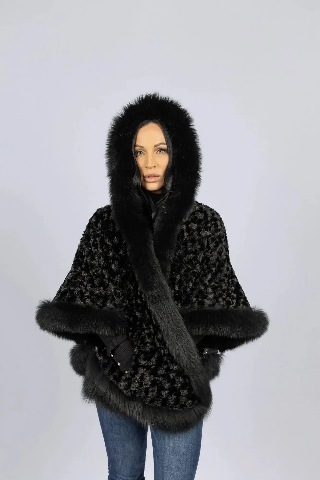 Black Leather Reversible Poncho with Fox Trimmed Hood
