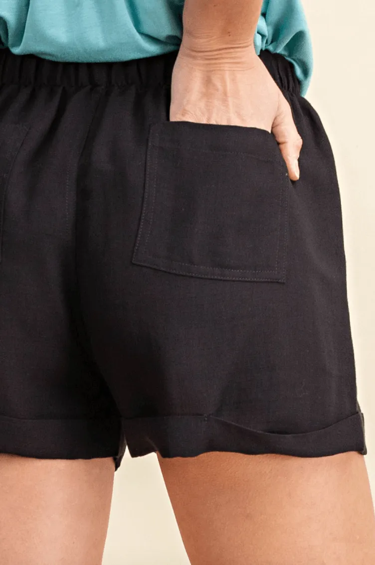 Black Linen Drawstring Shorts