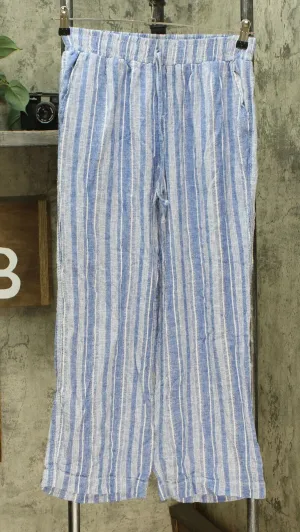 Briggs Women's Linen Blend Pull On Elastic Waist Pants Blue Stripe Medium