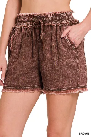 Brown Washed Frayed Hem Zenana Shorts 1/13/25 9234