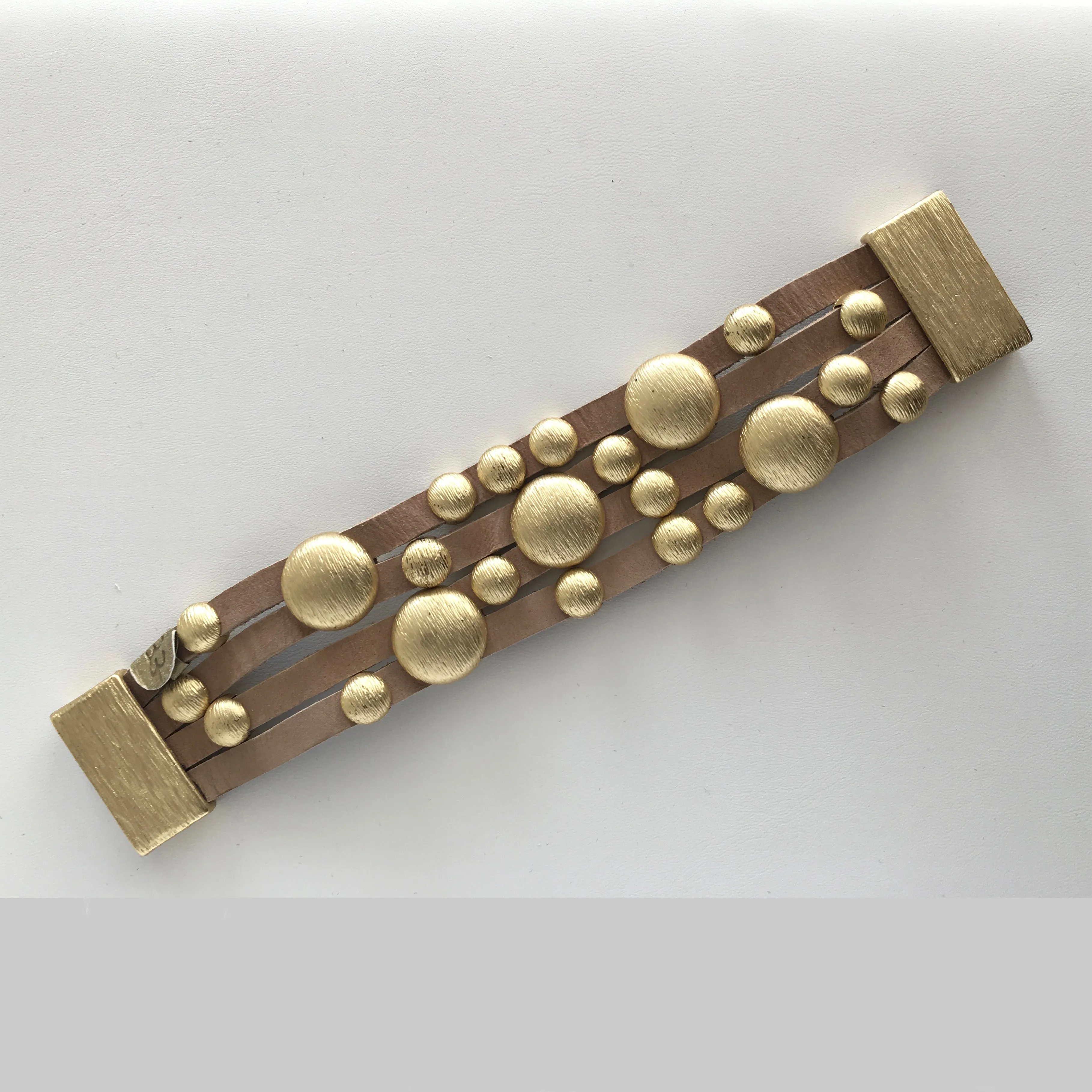 Bursting Goldtone Beads on Leather Bracelet with Magnetic Clasp