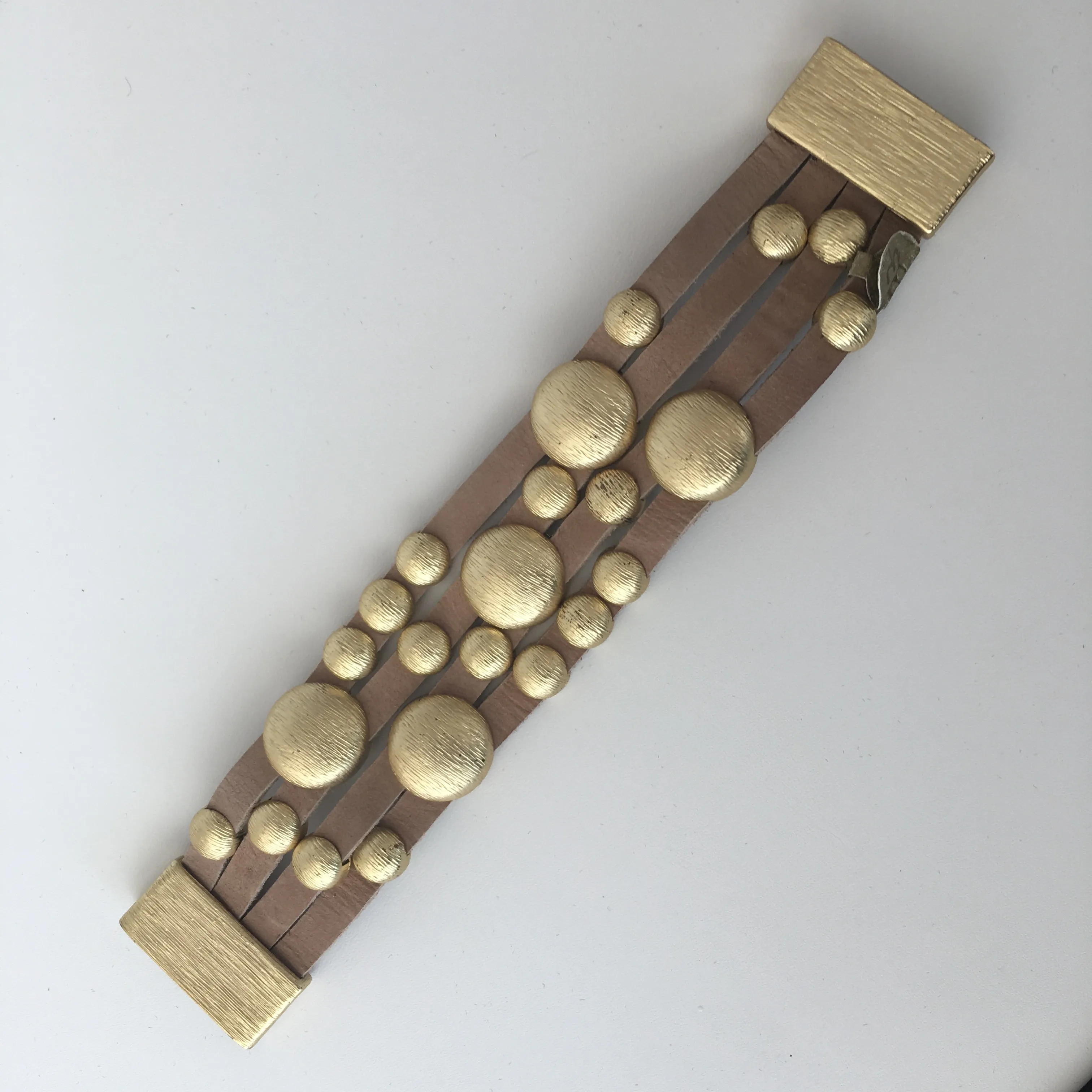 Bursting Goldtone Beads on Leather Bracelet with Magnetic Clasp