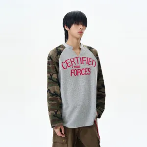 Camouflage Sleeve Waffle Henley Pullover