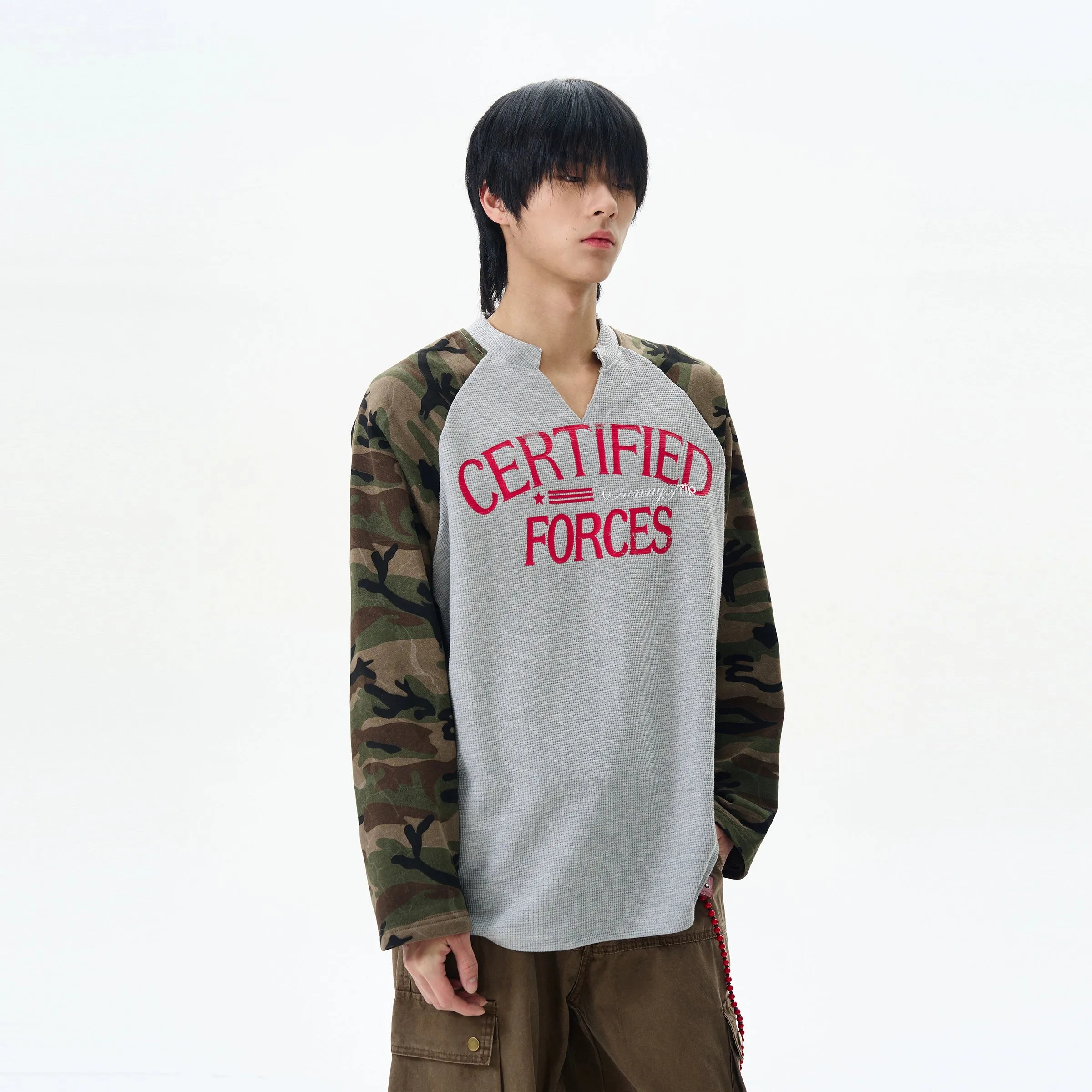 Camouflage Sleeve Waffle Henley Pullover