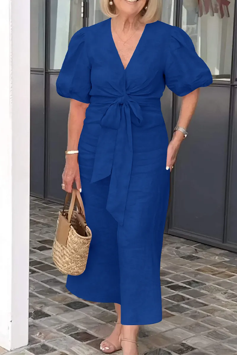 Casual Daily Lace Up V Neck A Line Short Sleeve Dress(7 Colors)