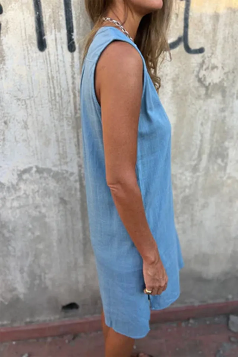 Casual Pocket Buttons V Neck Sleeveless Dresses(4 Colors)
