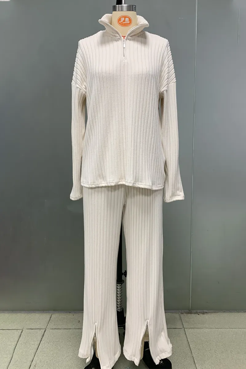 Casual Pocket Slit Zipper Potholes Turndown Collar Long Sleeve Two Pieces(3 Colors)