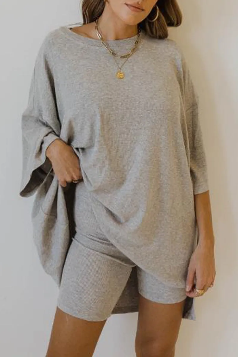 Casual Simplicity Solid O Neck Three Quarter Two Pieces(11 Colors)
