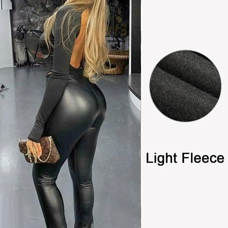 Casual Tights Spandex Stretchy Leggings for Women with PU High Waist and Push-Up Effect