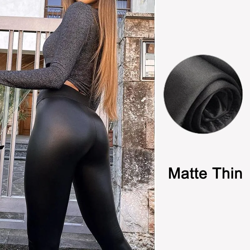 Casual Tights Spandex Stretchy Leggings for Women with PU High Waist and Push-Up Effect