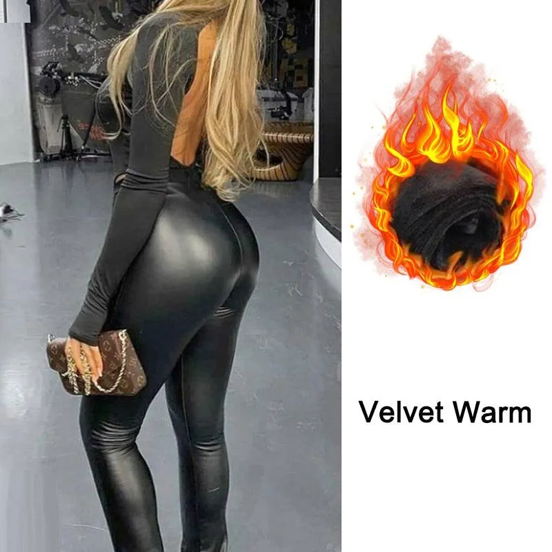 Casual Tights Spandex Stretchy Leggings for Women with PU High Waist and Push-Up Effect