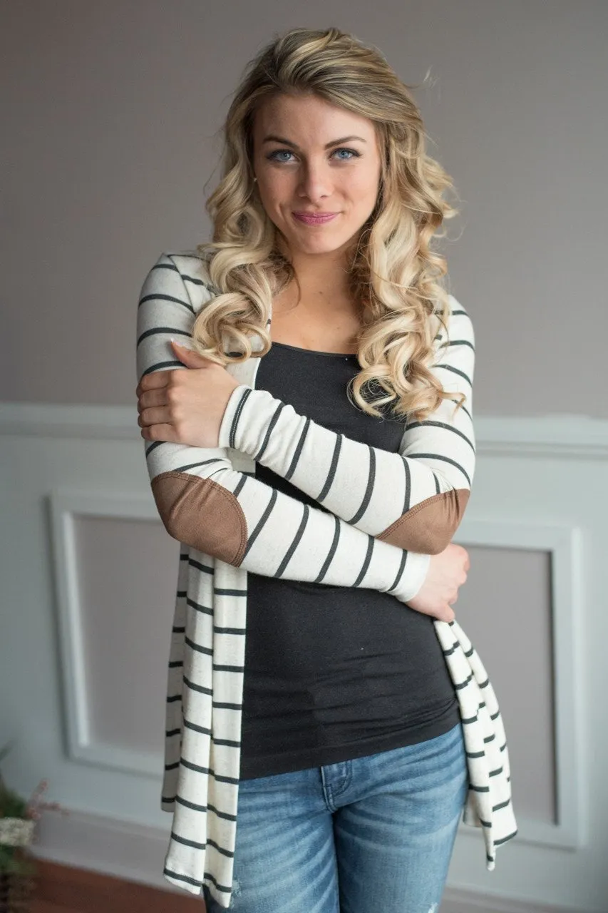 Charcoal Striped Elbow Patch Cardigan