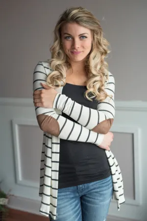 Charcoal Striped Elbow Patch Cardigan