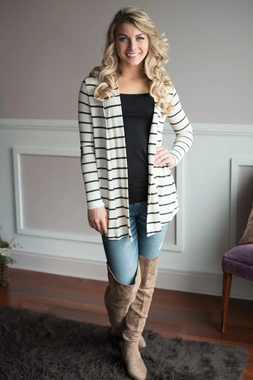 Charcoal Striped Elbow Patch Cardigan