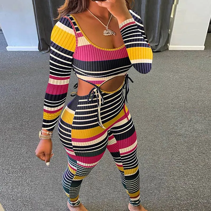 Color Striped Hollow Tied Long Sleeve Top & Pants Set