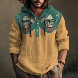 Contrast color western print hooded long-sleeved shirt