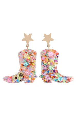 COWBOY BOOT RESIN GLITTER CANDY STUD EARRING