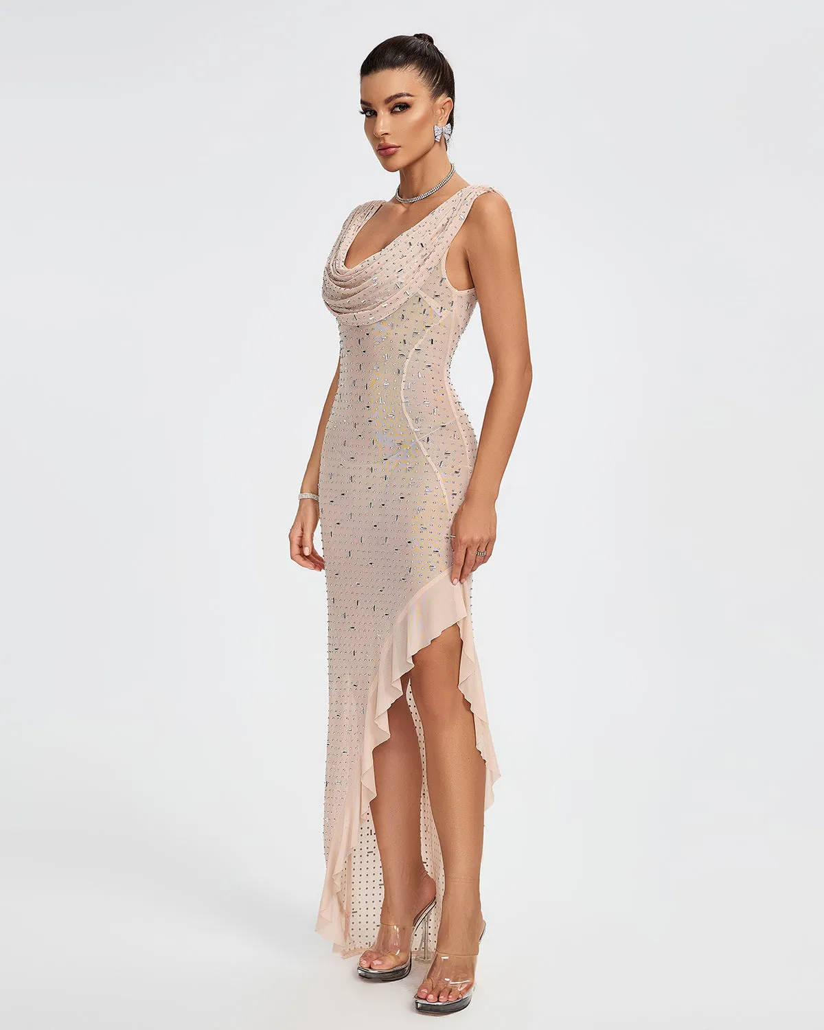 Crystal Embellished Ruffle High Split Maxi Dress