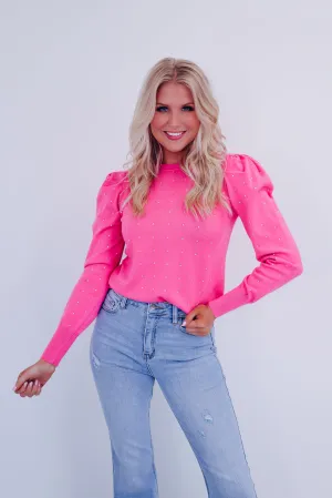 Crystal Puff Sleeve Adorned Sweater - Pink