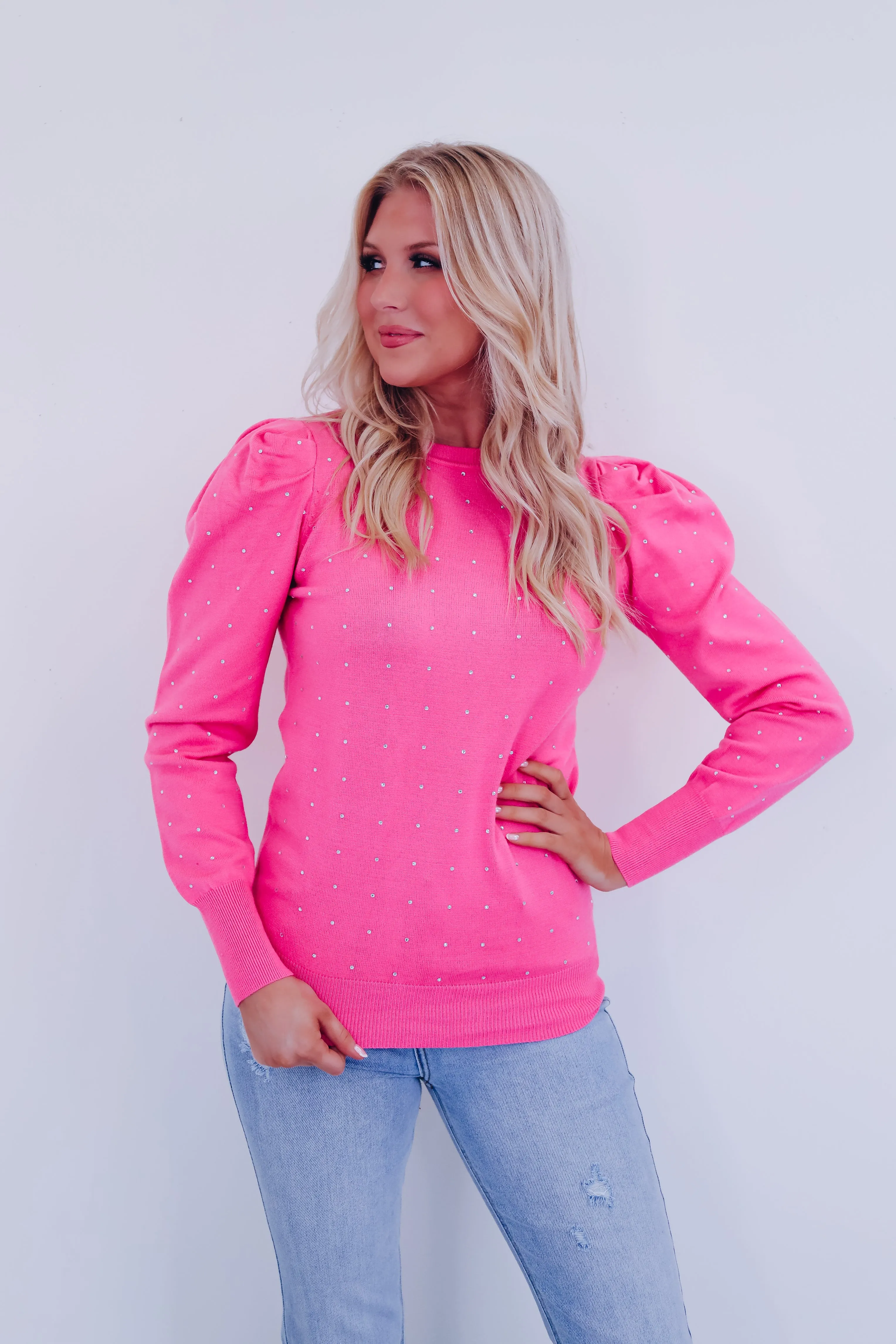 Crystal Puff Sleeve Adorned Sweater - Pink