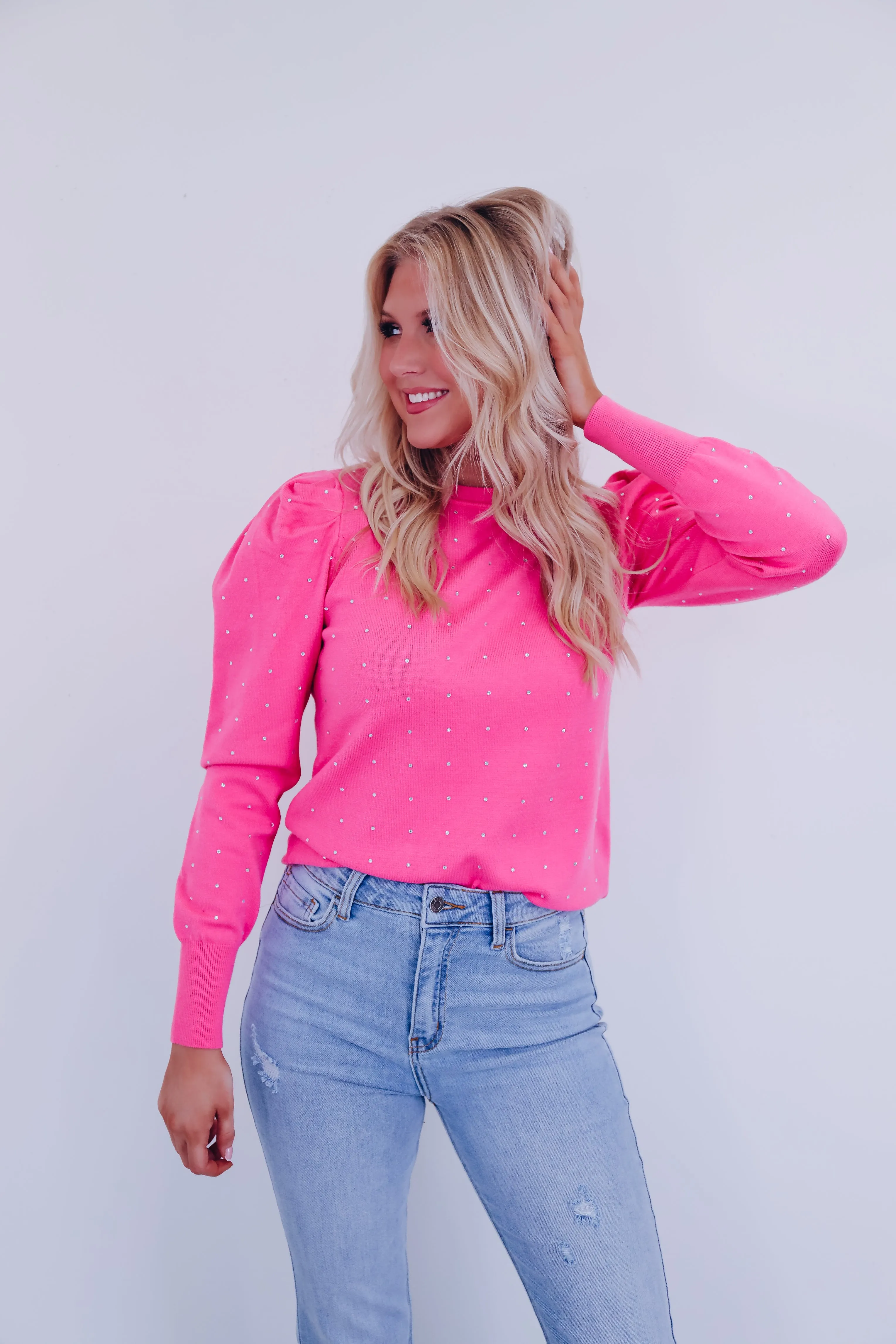 Crystal Puff Sleeve Adorned Sweater - Pink