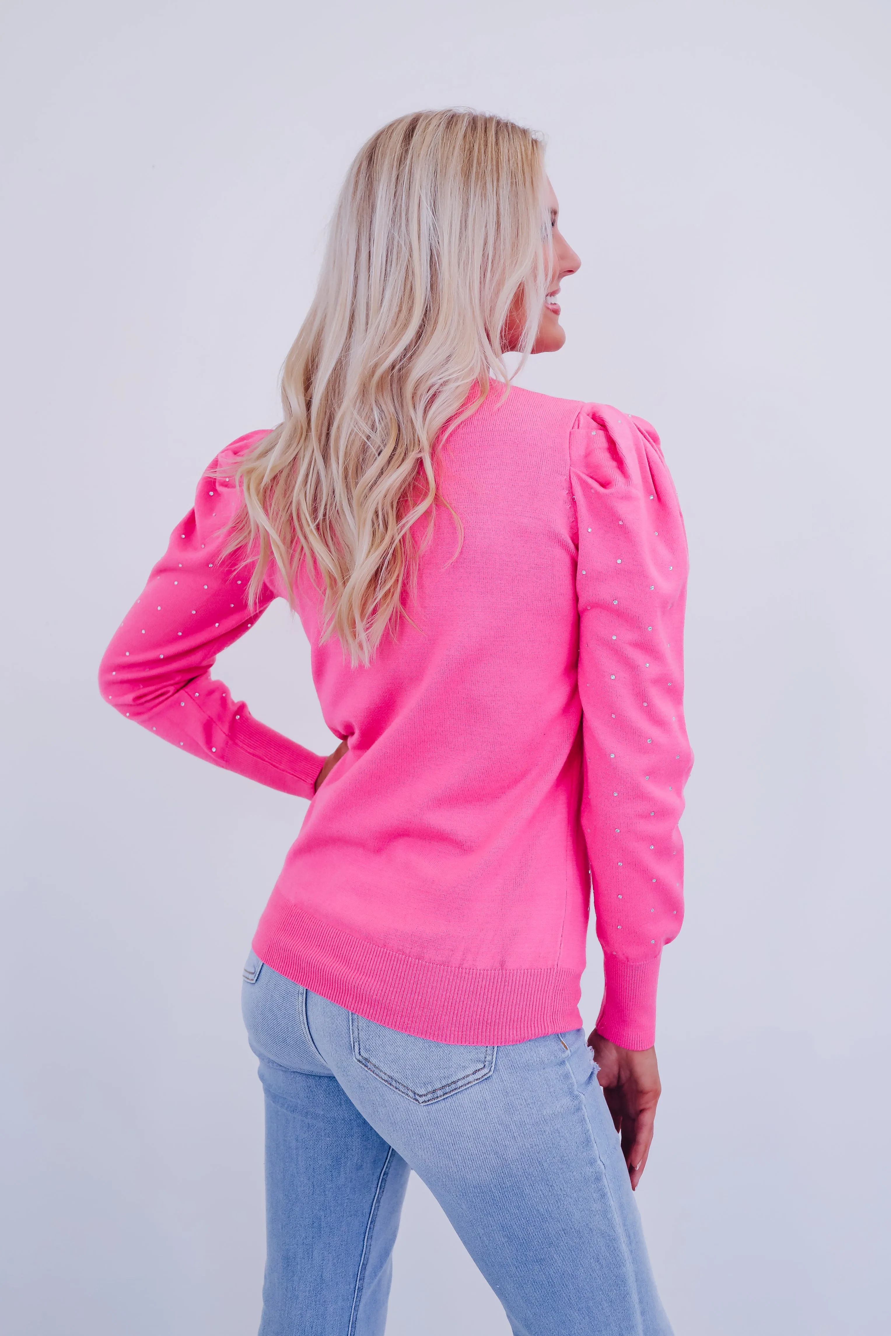 Crystal Puff Sleeve Adorned Sweater - Pink