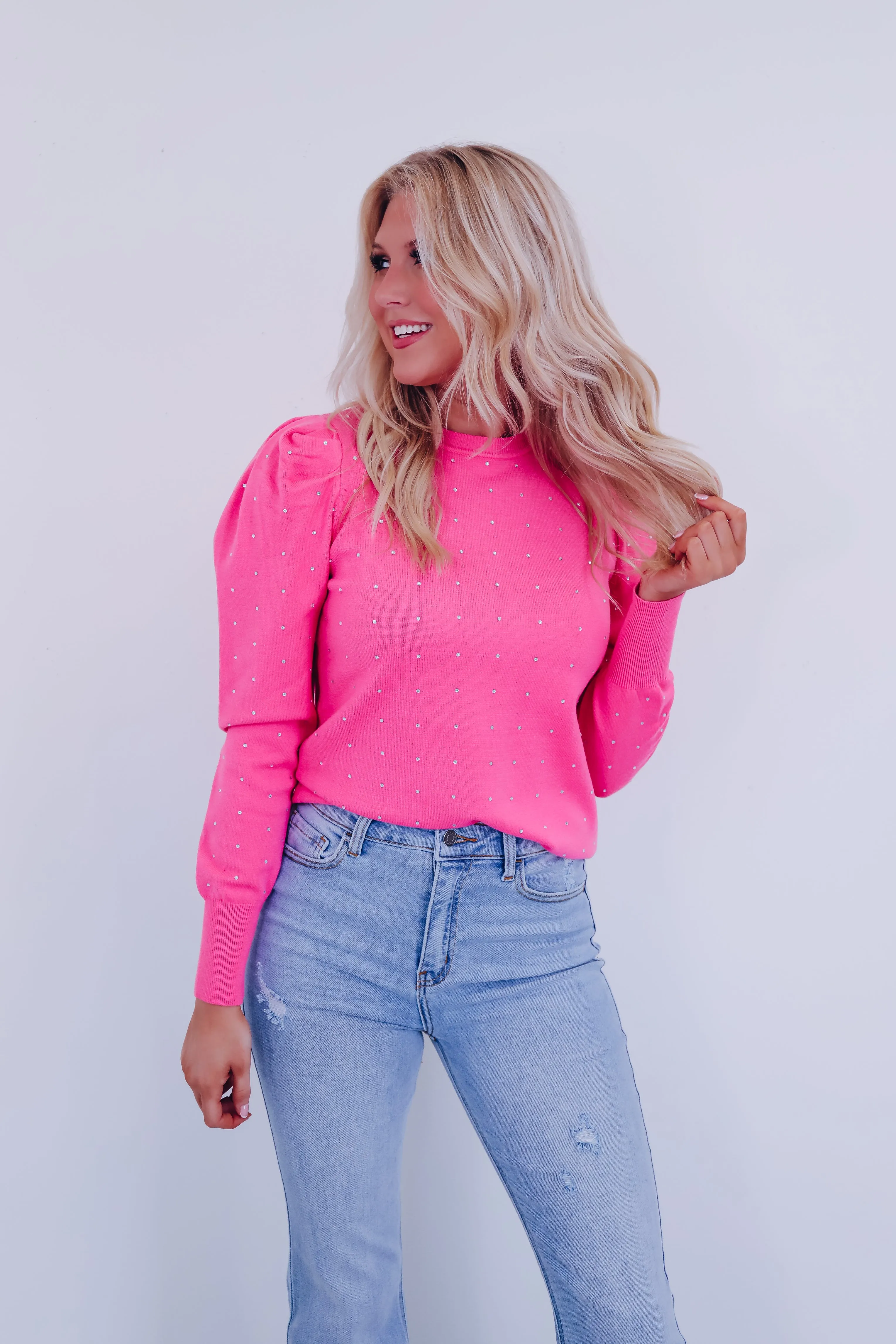 Crystal Puff Sleeve Adorned Sweater - Pink