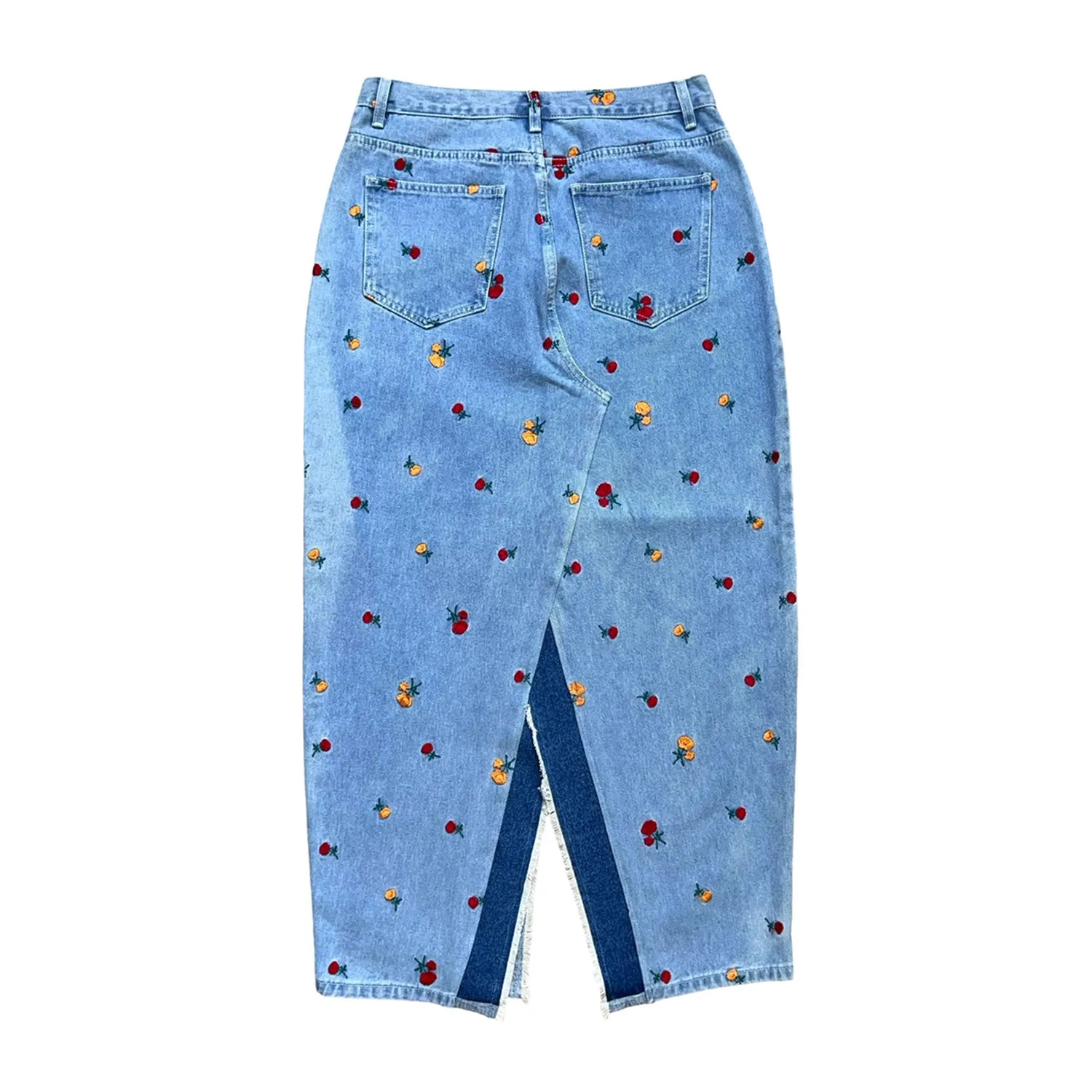 Denim Skirt In Light Blue And Embroidered Roses