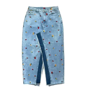 Denim Skirt In Light Blue And Embroidered Roses