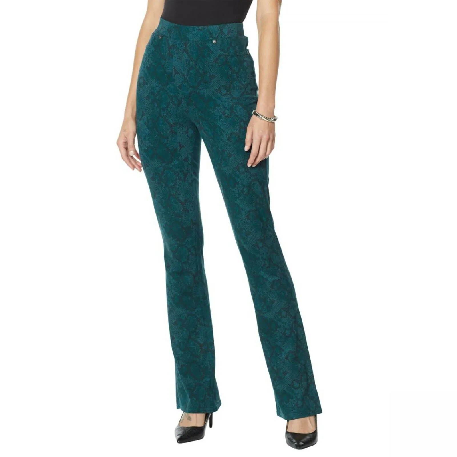 DG2 by Diane Gilman Pull-On Stretch Ponte Boot Cut Pants Green Snake Medium