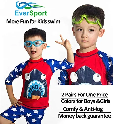 EVERSPORT Kids Swim Goggles 2 Pack, LightBlue & Green, Swimming Goggles for Teenagers, Anti-Fog Anti-UV Youth Swimming Glasses, Leakproof, Free Ear Plugs, one Button Open Straps, for 4-15 Y/O