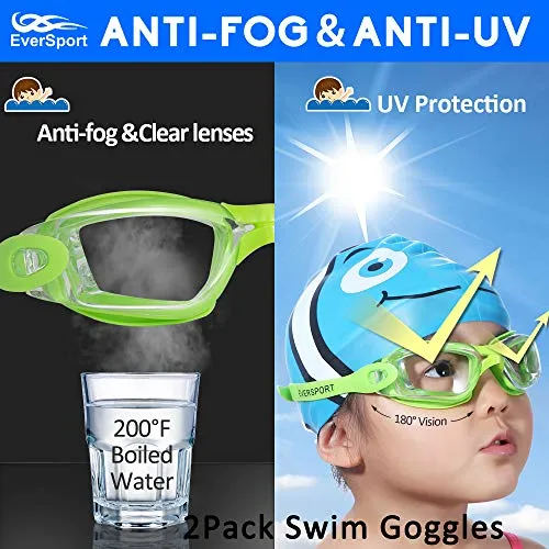 EVERSPORT Kids Swim Goggles 2 Pack, LightBlue & Green, Swimming Goggles for Teenagers, Anti-Fog Anti-UV Youth Swimming Glasses, Leakproof, Free Ear Plugs, one Button Open Straps, for 4-15 Y/O