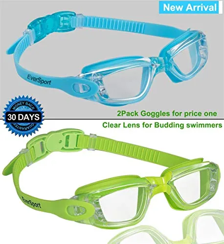 EVERSPORT Kids Swim Goggles 2 Pack, LightBlue & Green, Swimming Goggles for Teenagers, Anti-Fog Anti-UV Youth Swimming Glasses, Leakproof, Free Ear Plugs, one Button Open Straps, for 4-15 Y/O