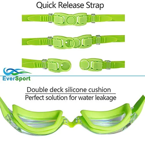 EVERSPORT Kids Swim Goggles 2 Pack, LightBlue & Green, Swimming Goggles for Teenagers, Anti-Fog Anti-UV Youth Swimming Glasses, Leakproof, Free Ear Plugs, one Button Open Straps, for 4-15 Y/O