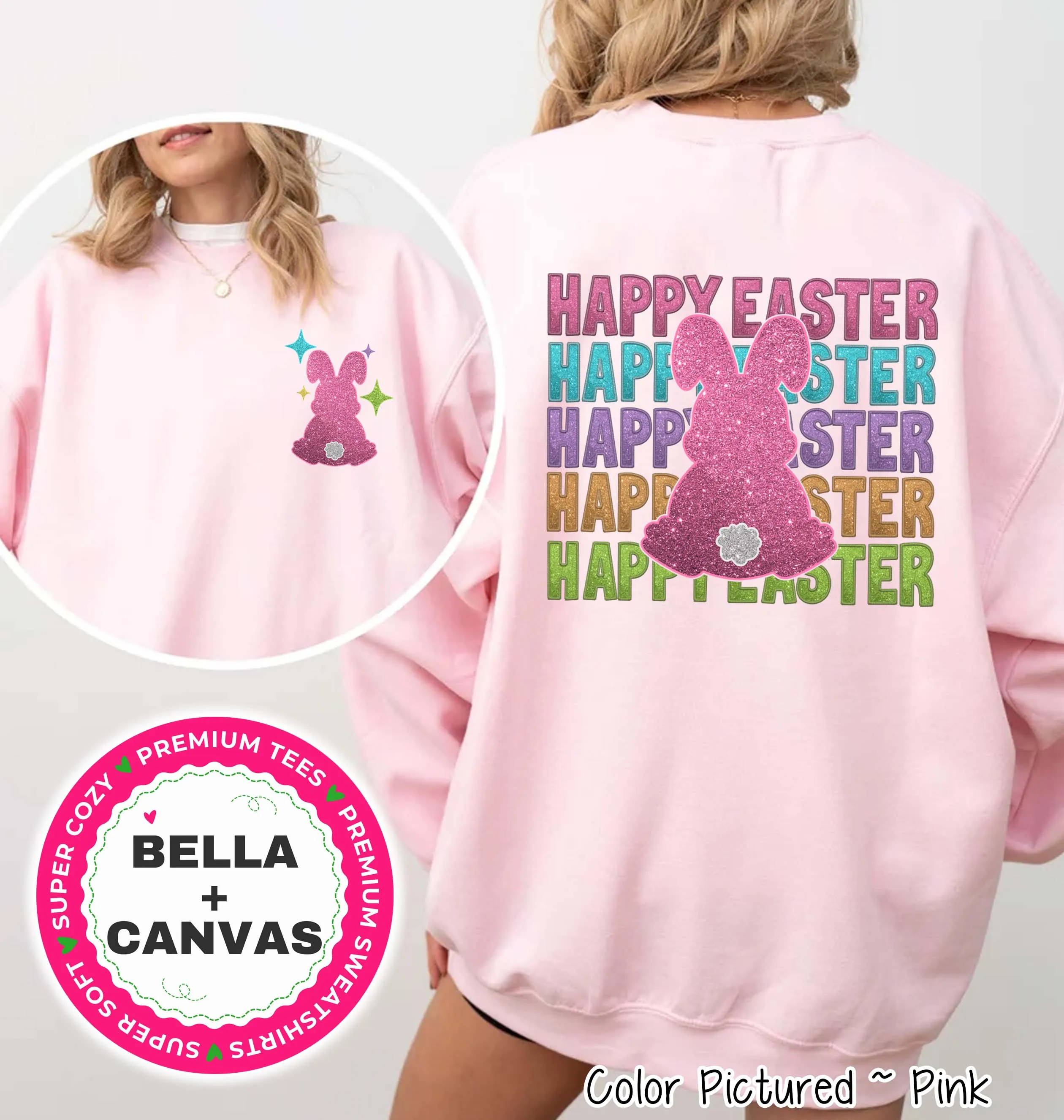 Faux Glitter Bunny Happy Easter Tee and Sweatshirt 2 Sided Print