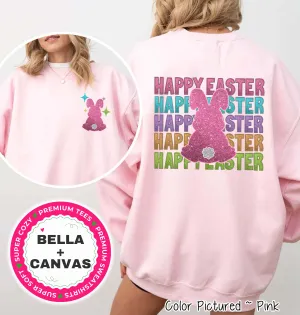 Faux Glitter Bunny Happy Easter Tee and Sweatshirt 2 Sided Print