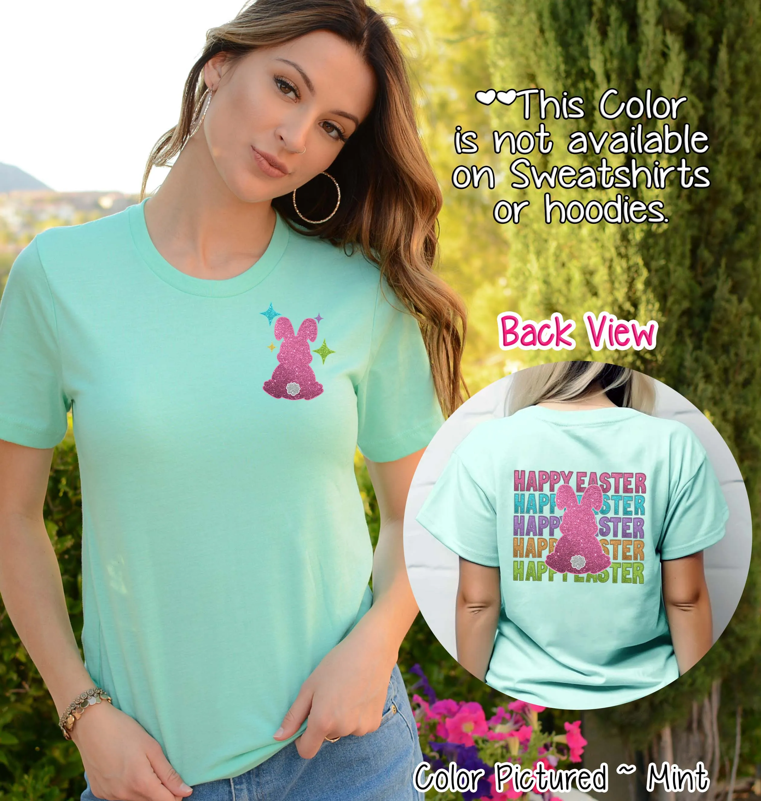 Faux Glitter Bunny Happy Easter Tee and Sweatshirt 2 Sided Print